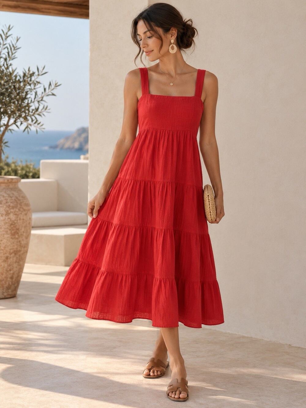 Billabong Linda Midi Dress XL 14 Orange Cotton Tiered Sundress Boho Coastal